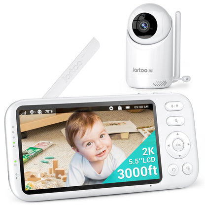Jartoo 2K Video Baby Monitor with Camera and Audio, 3000ft Long Range Baby Monitor No WiFi 5.5" FHD Screen ANC Baby Camera Wireless, Feeding Clock, Night Vision, 2-Way Talk, AI Cry Detect, 6000mAh