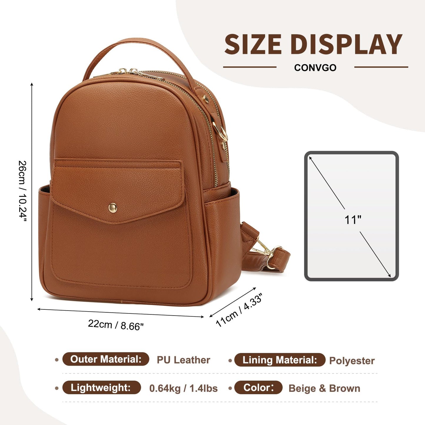 Convgo Small Backpack Purse for Women PU Leather Mini Backpack Travel Convertible Shoulder Bag with 3 Replaceable Shoulder Straps, Brown