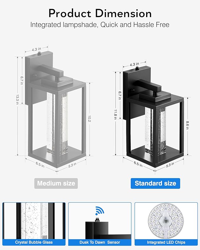 VIANIS Black Exterior Lighting Fixtures Wall Mount for House, 2 Pack Dusk to Dawn Outdoor Porch Light with Integrated 10W LED Light Source Crystal Bubble Glass, Anti-Rust Exterior Wall Sconce Lantern