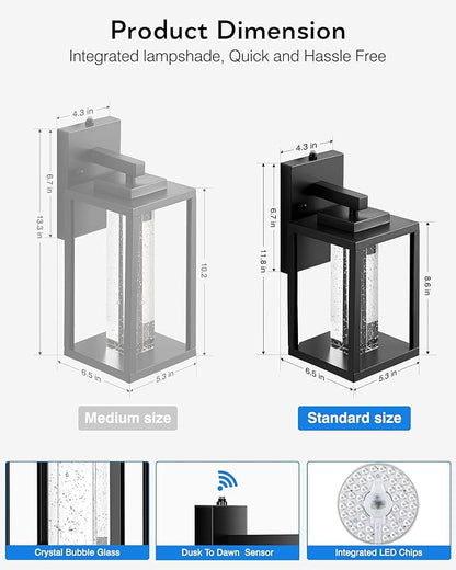 VIANIS Black Exterior Lighting Fixtures Wall Mount for House, 2 Pack Dusk to Dawn Outdoor Porch Light with Integrated 10W LED Light Source Crystal Bubble Glass, Anti-Rust Exterior Wall Sconce Lantern