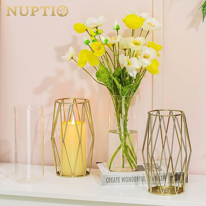 Nuptio Gold Pillar Candle Holder: 2 Pcs Glass Hurricane Candles Holders with Geometric Metal Rack Stand for Wedding Birthday Party Centerpieces - Decorative Flower Vase for Office Living Room