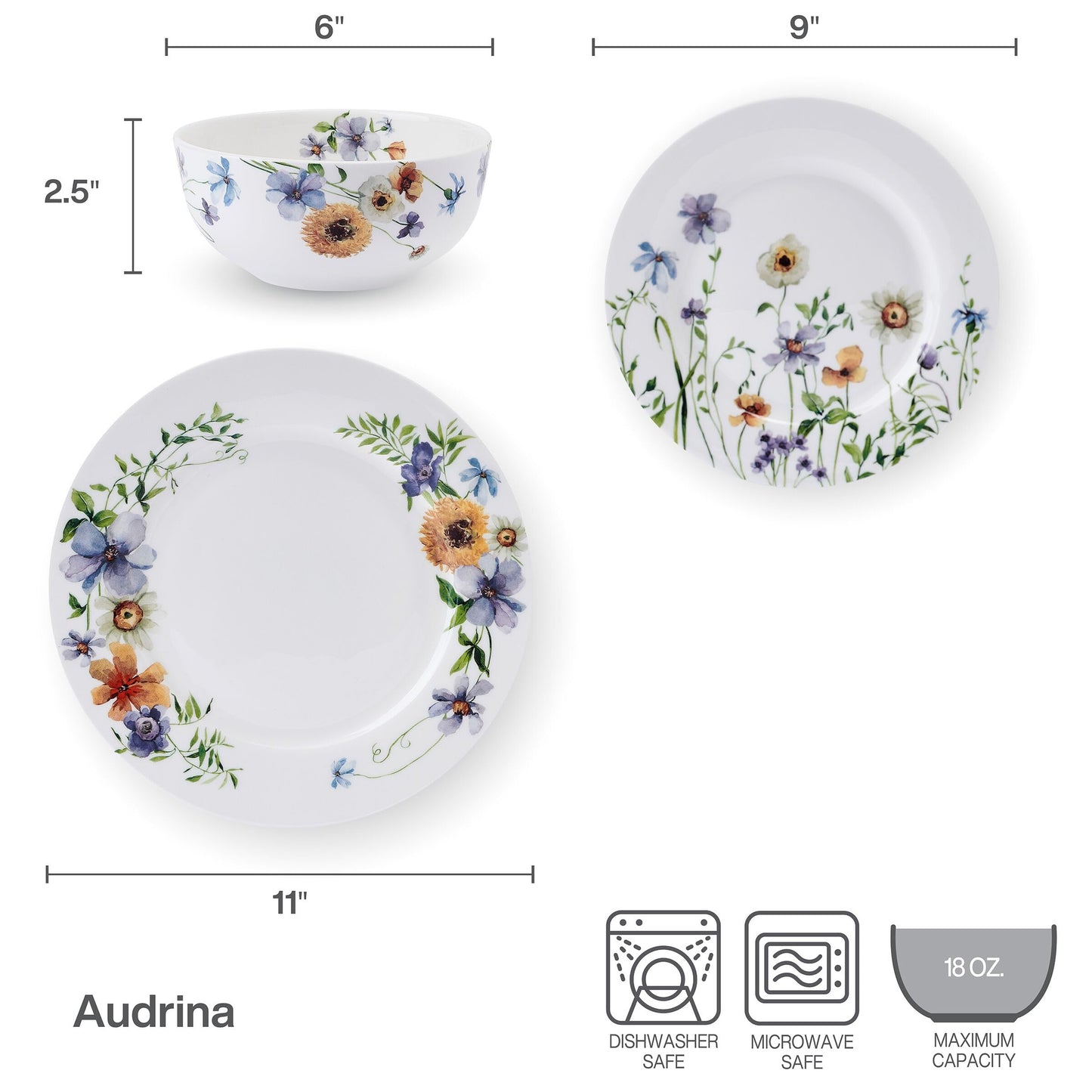 Mikasa Audrina Water Color Flowers Bone China Lightweight Chip Resistant 12 Piece Dinnerware Set, Service for 4, White