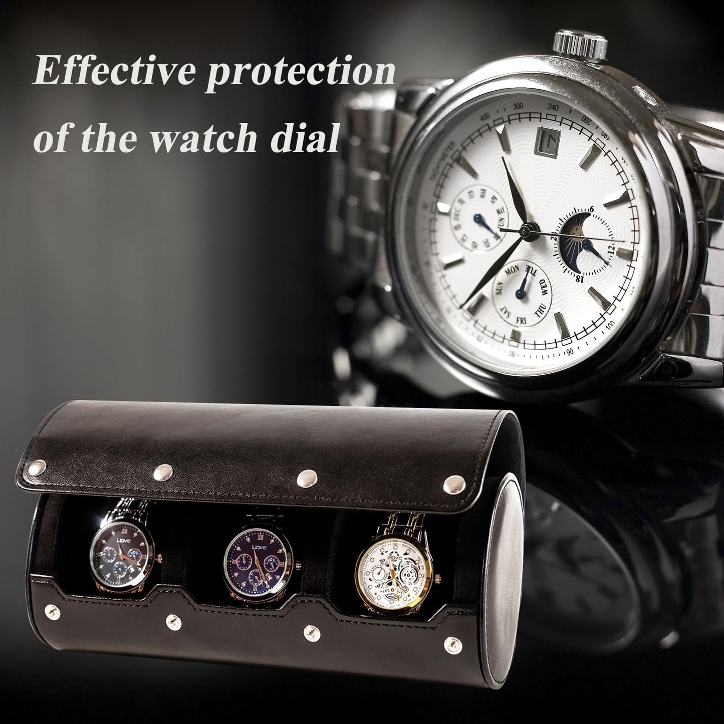 MR.OKAY 3 Watch Travel Case-Classic Leather Watch Case With Superb Texture.Portable Watch Roll Or Organizer For Storage And Display. Men's Great Gift For Traveling,100% Handmade by Artisans.