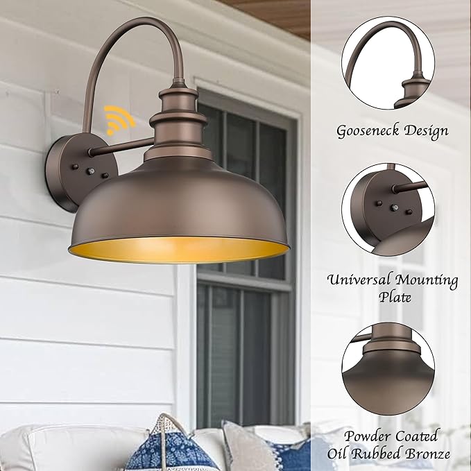Bestshared 16 Inch Dome Large Dusk to Dawn Gooseneck Barn Light Anti-Rust Farmhouse Outdoor Wall Sconce Industrial Outdoor Wall Lights Exterior Lighting Fixture,Garage Lamp(ORB+Gold, 16” Dome-1Pack)