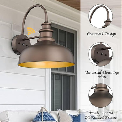 Bestshared 16 Inch Dome Large Dusk to Dawn Gooseneck Barn Light Anti-Rust Farmhouse Outdoor Wall Sconce Industrial Outdoor Wall Lights Exterior Lighting Fixture,Garage Lamp(ORB+Gold, 16” Dome-1Pack)