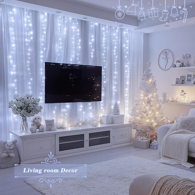 JMEXSUSS 200 LED Fairy Curtain Lights Battery Operated & USB Plug in - Remote Curtain String Lights for Bedroom with 8 Modes, Waterproof Window Lights Outdoor for Backdrop Wedding Party Decor, White
