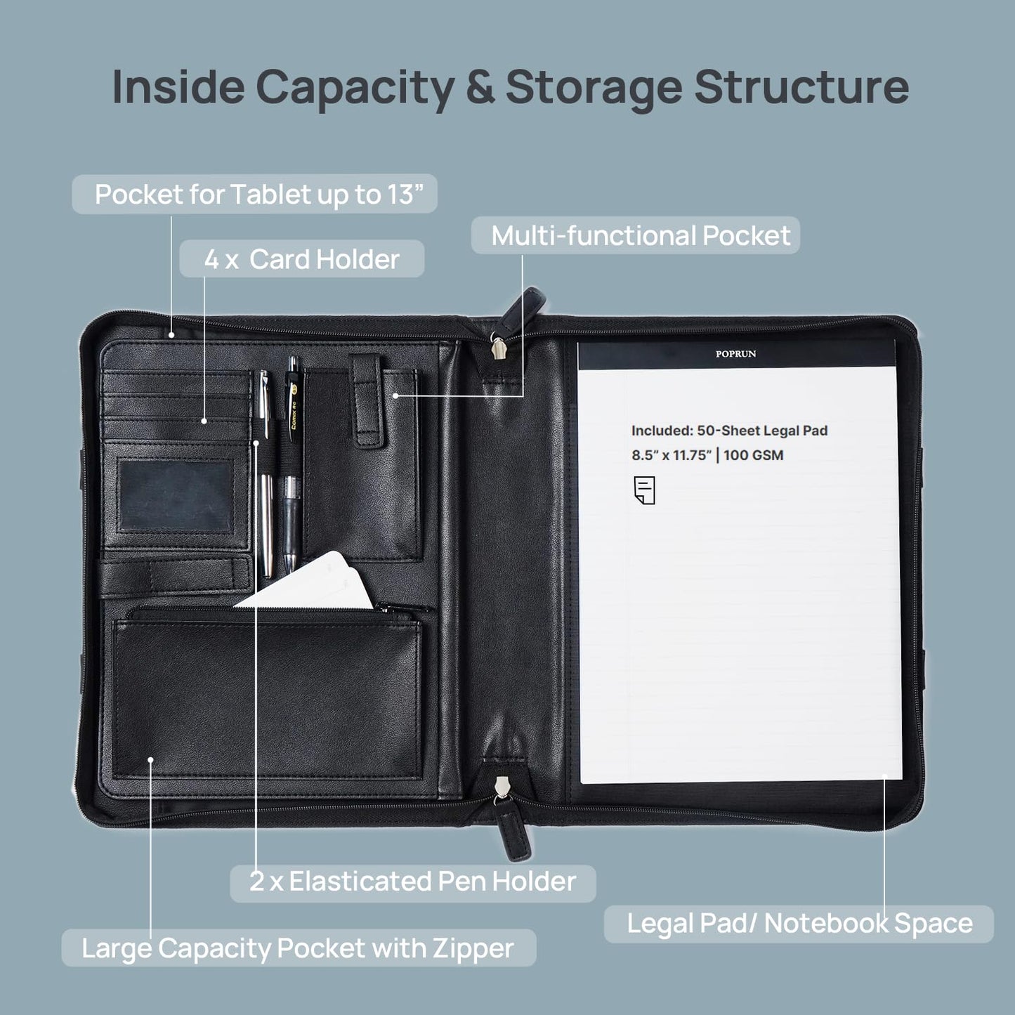 POPRUN Portfolio with Zipper, PU Leather Padfolio Document Organizer with Storage, Professional Business Folder for Meeting Presentation, Includes 50 Sheet Writing Pad, Black