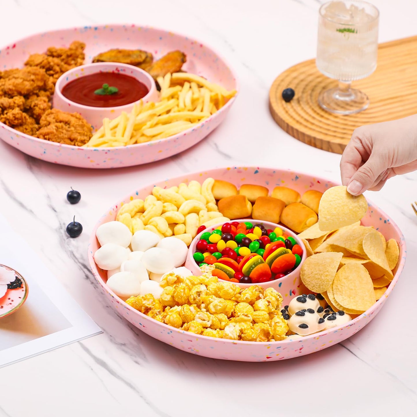 Chip and Dip Serving Set Divided Serving Platter Appetizers and Cheeses Serving Tray Pink Compartment Dishes for Party, Christmas, Dessert, Fruit, Candy, 13-inch Set of 2