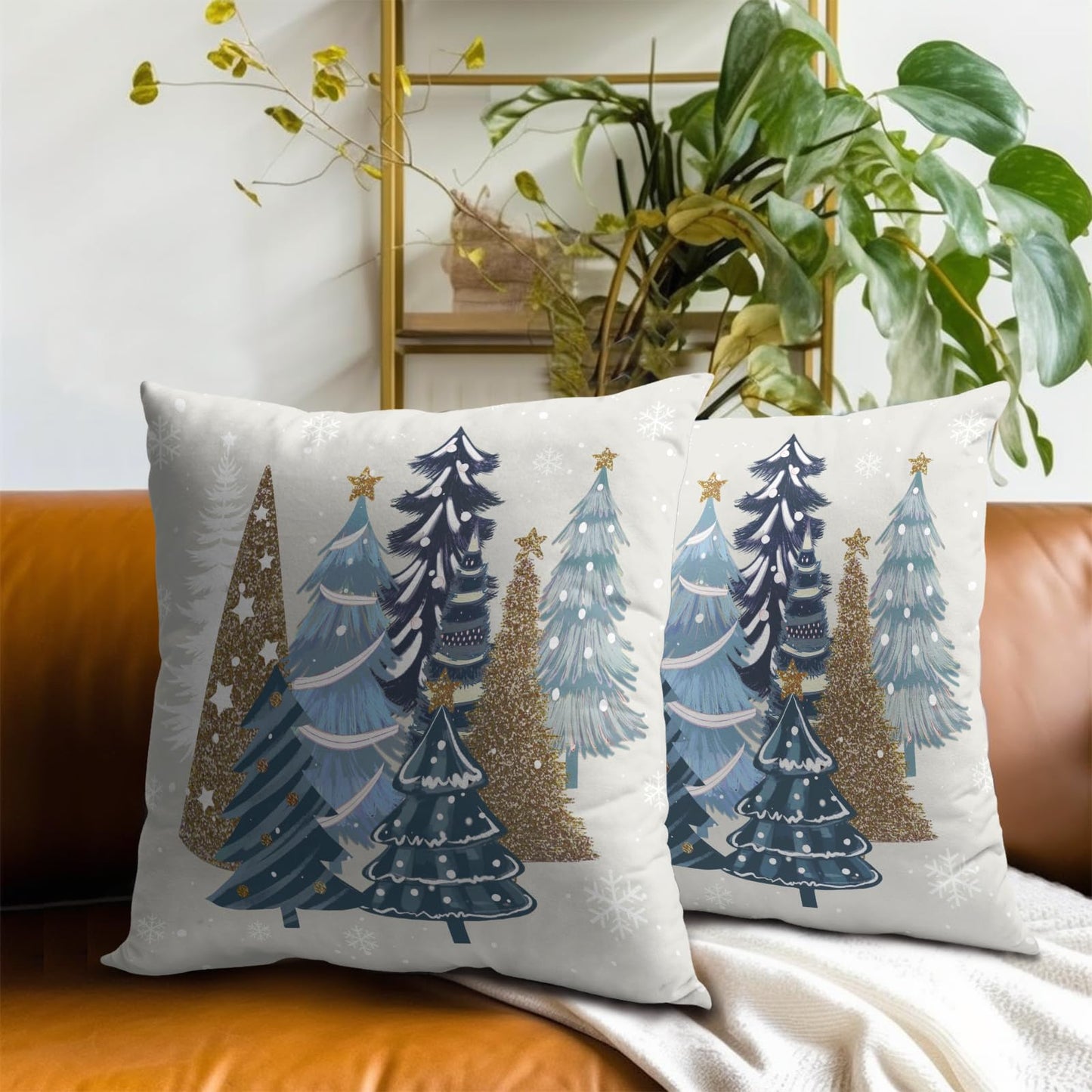 Christmas Trees Throw Pillow Covers 16x16, 2 Pcs Blue Xmas Trees Winter Pine Forest Farmhouse Decorative Pillow Cases Cushion Cover for Bed Sofa Couch Porch Outdoor Home Decor