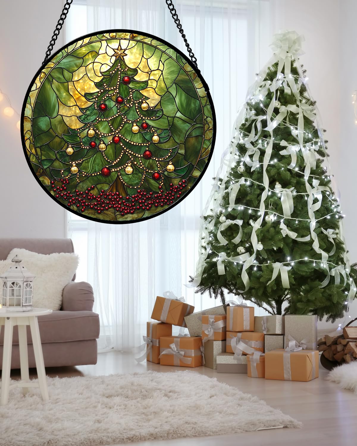 Stained Glass Window Hanging - Retro Green Christmas Tree Suncatcher for Doors Home Christmas Decoration Sun Catcher Thanksgiving New Year Birthday Gifts for Women Men Mom Nana 15 in