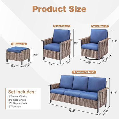 Outdoor Patio Furniture Set -7 Pieces All-Weather Wicker Swivel Patio Chairs Rattan 3 Seater Sofa with 2 Ottomans, Wicker Sofa Outdoor Furniture for Garden Porch Deck Backyard Brown/Blue