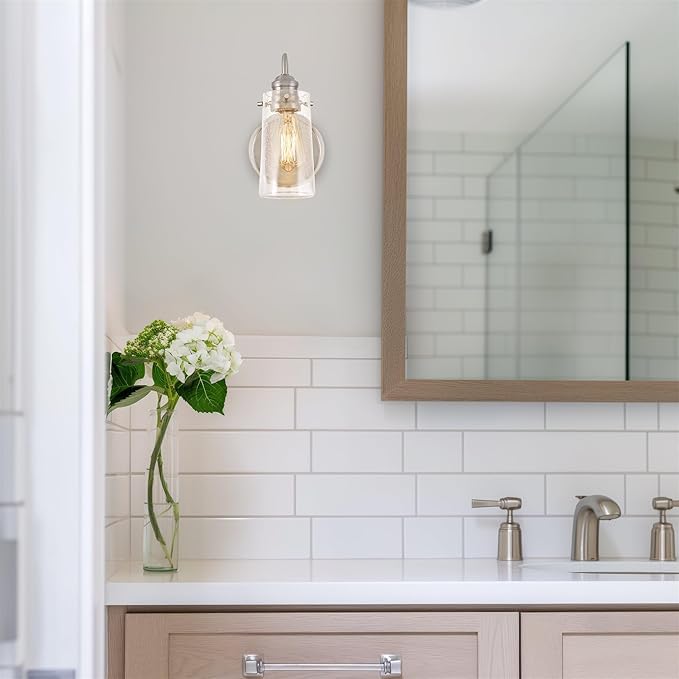 Kira Home Rayne 10" Modern Farmhouse Wall Sconce, Gooseneck Bathroom Light, Seeded Glass Shade + Brushed Nickel Finish
