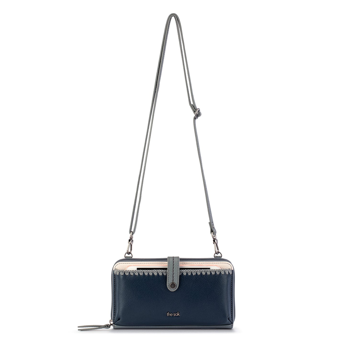 The Sak Iris Smartphone Crossbody Purse - Women's Cellphone Bag & Wallet For Everyday - Convertible Wristlet With Zipper in Dusty Blue Block/Leather