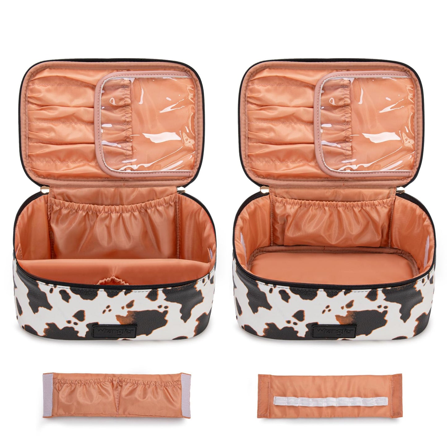 Montana West X Wrangler Travel Makeup Bag 2pcs Set Large Cosmetic Bag with Makeup Brush Holder Portable Make Up Organizer Cute Toiletry Bag with Divider and Handle for Women