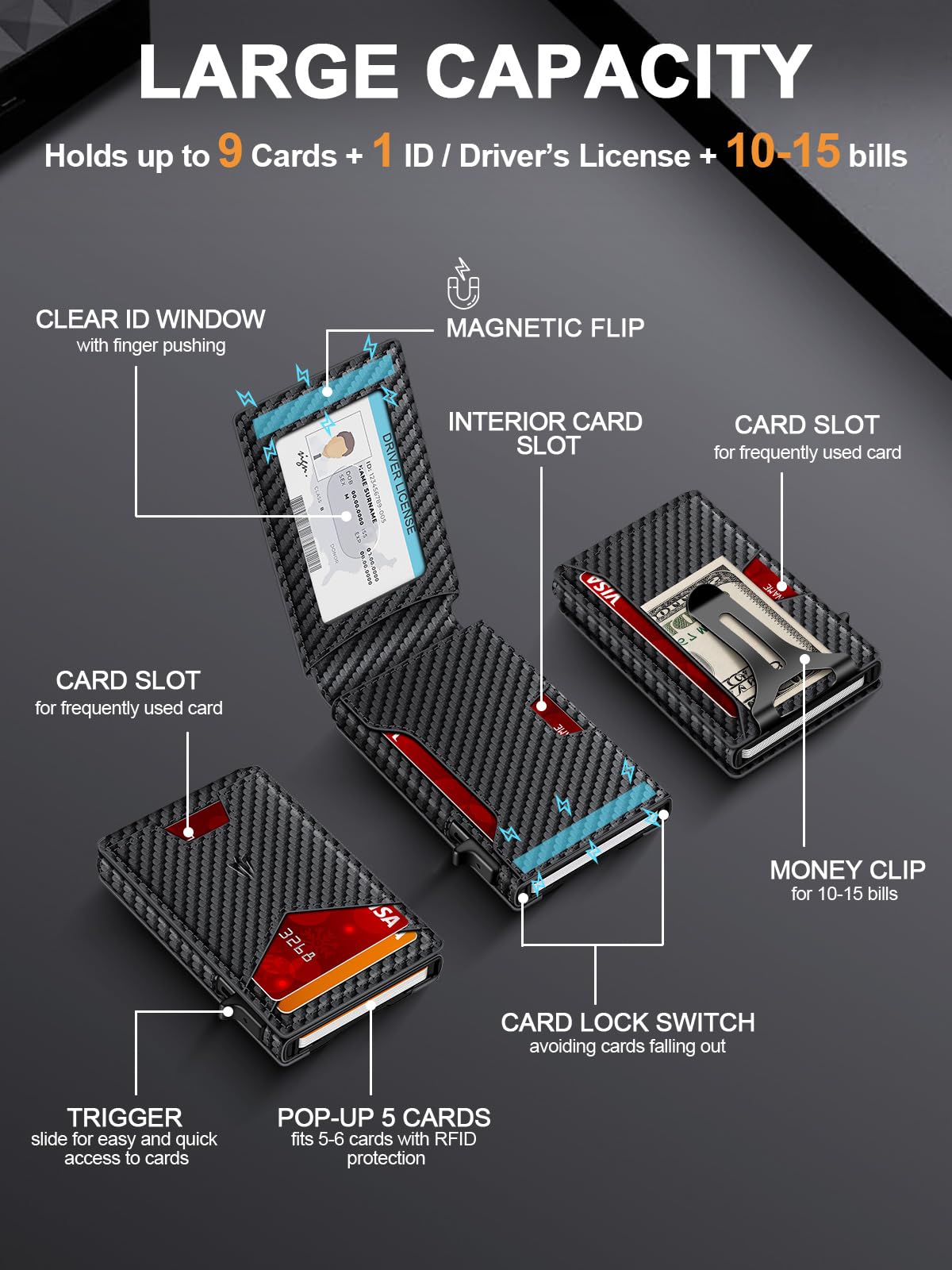 Wallet for Men, Slim Minimalist Wallet with Money Clip ＆ ID Window, RFID Blocking Pop Up Credit Card Holder, Smart Aluminum Mens Wallet Holds 9-13 Cards, Front Pocket Bifold, Birthday Gifts for Men