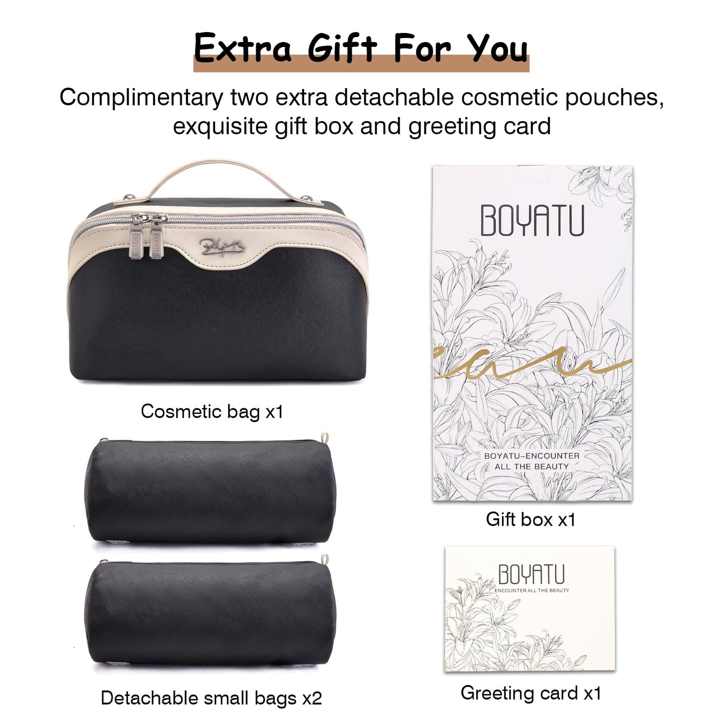BOYATU Travel Makeup Bag Organizer Cosmetic Bag: 3 Pcs Set Make up Bags for Women with Handle - Waterproof Vegan Leather Toiletry Bags Travel Essentials Pouch with Compartments (A-01-Black)