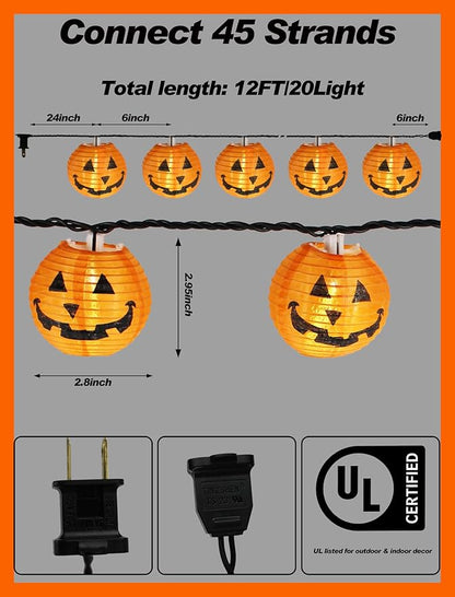 Charming Halloween Pumpkin Lantern Lights, 12ft 20 LED UL Certified String Lights, Unique Fabric Jack o' Lanterns for a Whimsical Indoor & Outdoor Party Glow