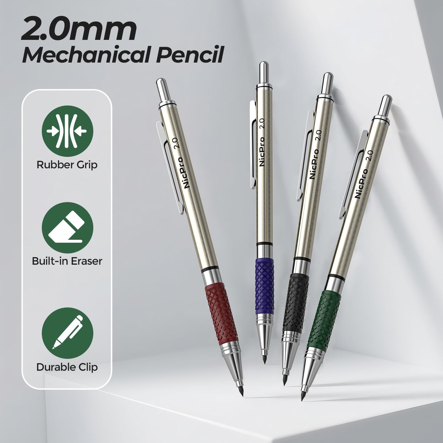 Nicpro 4 PCS Premium 2.0 mm Mechanical Pencils Set, 108 Colored & Black (HB 2B) Lead Refills, Art Metal 2mm Carpenter Pencil with 2 Erasers, 2 Sharpeners for Drafting Sketching Drawing with Case