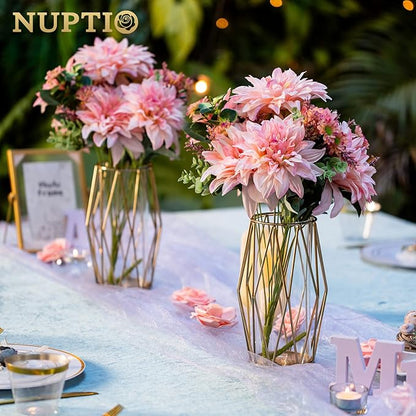 Nuptio Gold Pillar Candle Holder: 2 Pcs Glass Hurricane Candles Holders with Geometric Metal Rack Stand for Wedding Birthday Party Centerpieces - Decorative Flower Vase for Office Living Room