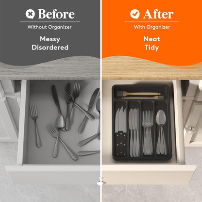 Lifewit Silverware Organizer with Lid, Covered Utensil Tray for Kitchen Drawer and Countertop, Plastic Cutlery and Flatware Storage Box for Spoons Forks Knives Holder Case, 6 Compartments, Black
