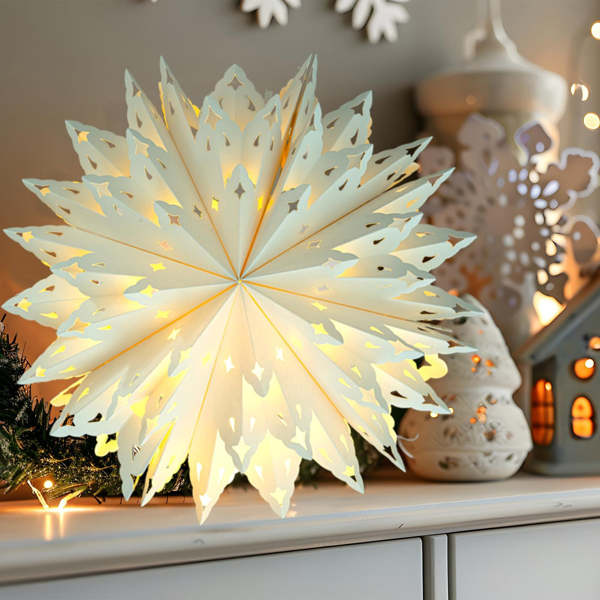 5 Pack Christmas Paper Snowflake Lanterns, Christmas Paper Star Lantern with LED Light White Hanging Lamp Ornaments for Xmas Tree New Year Winter Frozen Weddings Birthday Holiday Party Decorations