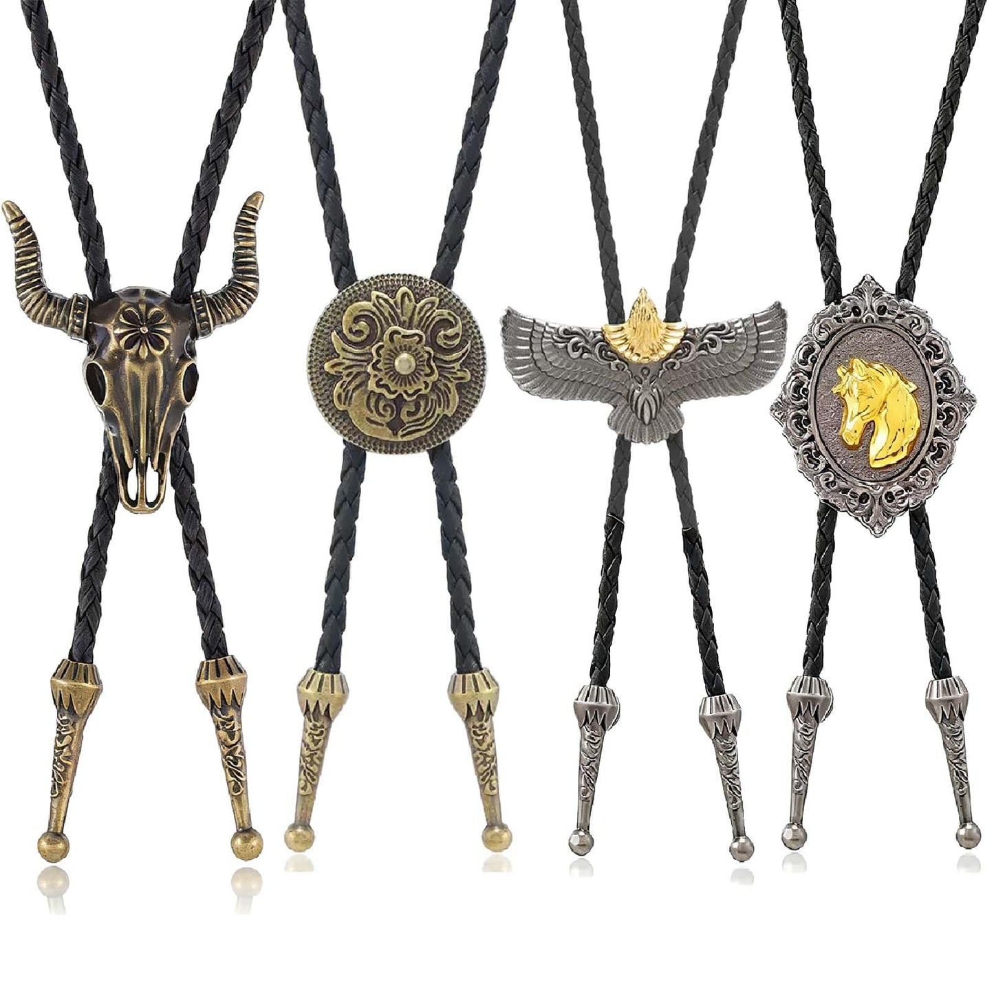 Daoofukeji 4Pcs Western Cowboy Bolo Tie for Men - Retro Engraved Alloy Pendant & Braided Leather Rope Necktie,Cowboy Ties Necklace Perfect for Daily Wear, Cosplay, Party, and Holiday Gifts