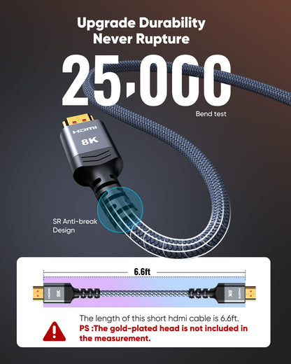Highwings 8K 10K 4K HDMI 2.1 Cable 48Gbps 6.6FT/2M, Certified Ultra High Speed HDMI Cable Braided Cord-4K@120Hz 8K@60Hz, DTS:X, HDCP 2.2 & 2.3, HDR 10 Compatible with Roku TV/PS5/HDTV/Blu-ray
