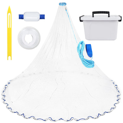 Yeahmart Handmade American Cast Net, 4ft Radius Casting Net for Saltwater & Freshwater, 3/8 Inch Mesh Monofilament Bait Trap Rust-Proof PVC Coated Sinkers, Easy Throw, Bucket & Repair Kit Included