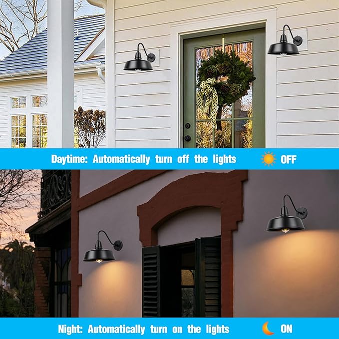 Gooseneck Barn-Lights Outdoor Fixture - 12.6 inch Farm Style Black Large Lighting Farmhouse Exterior Sconce Wall Light for House, Dusk to Dawn Sensor Front Door Porch Garage (12.6 inch)