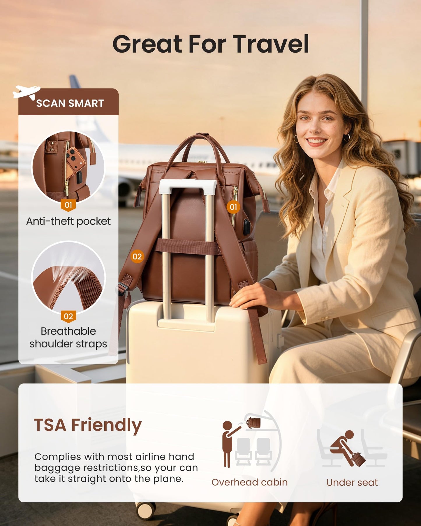 LOVEVOOK Leather Laptop Backpack for Women 15.6 inch,Travel Purse Nurse Teacher Carry On Backpack Computer Bag,Professional College Business Work Bags with USB Port,Brown