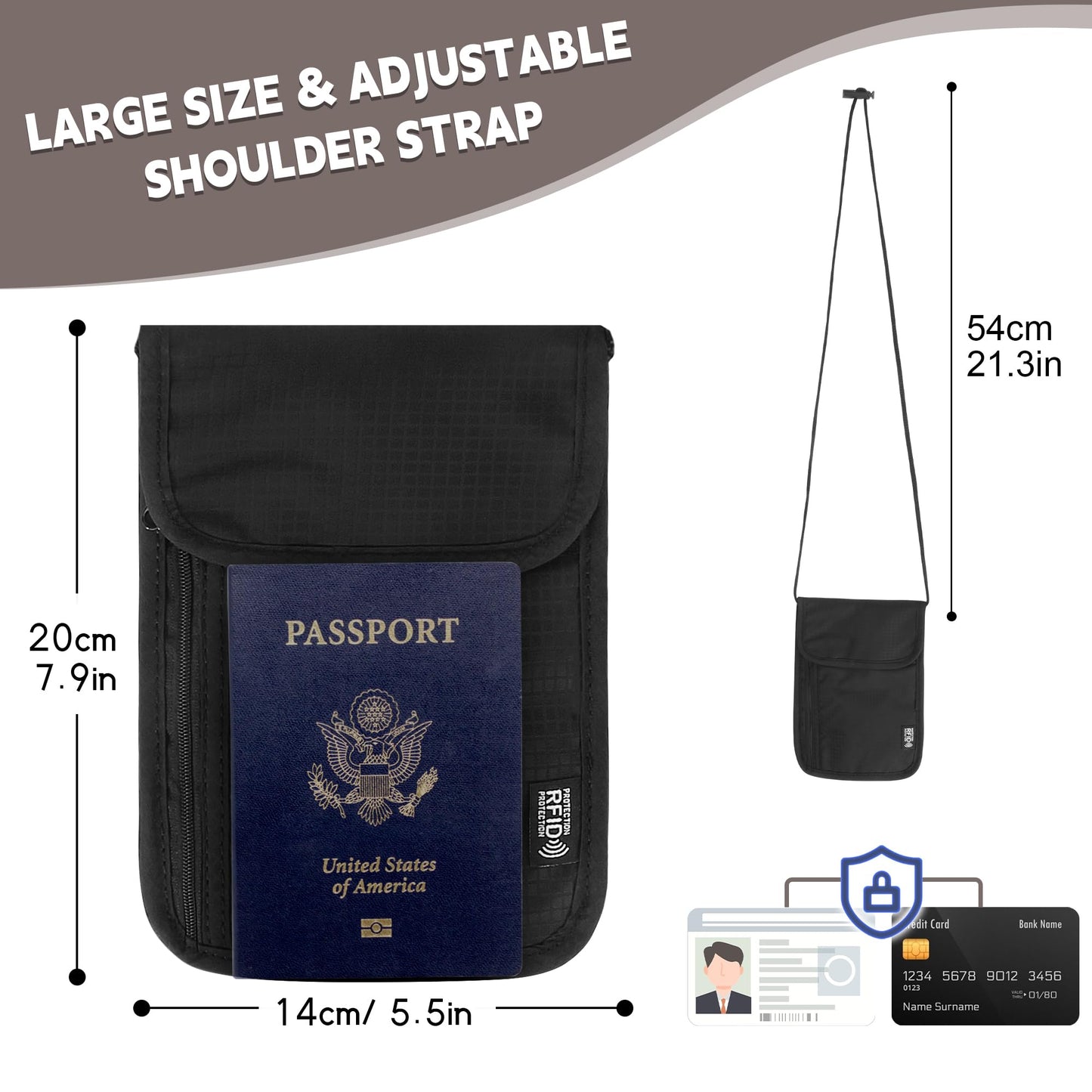 Likesing 5.5" L x 7.9" W Travel Neck Wallet, RFID Blocking Passport Holder, Security Lightweight Passport Travel Wallet, Neck Pouch Gifts for Women Men(Black)