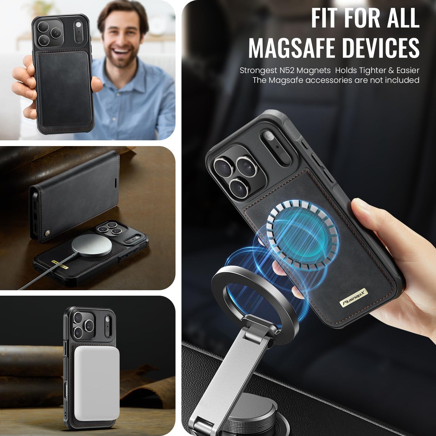 PlusnapX Wallet Case for iPhone 17 Pro Max Compatible with Magsafe, 2-in-1 PU Leather Flip RFID Blocking Card Holder Stand Shockproof Magnetic Detachable Cover for iPhone 17 Pro Max Case 6.9", Black