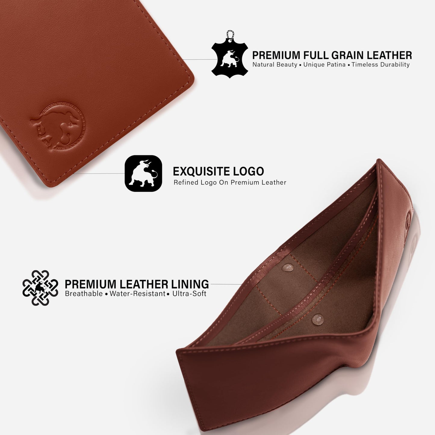 BULLTAILOR Full-Grain Leather Wallet for Men, Minimalist Slim Mens Bifold RFID Blocking Wallet with Cash Pocket, 8 Card Slots (Cognac Brown)