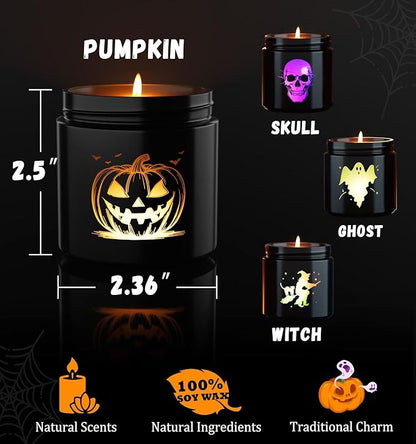 Halloween Decor Indoor-4 Pack Candles Set, LED Scented Candle,Halloween Gifts with Pumpkin|Skull|Ghost|Witch|, 80H Lasting Burn Candles for Home Decorations Indoor
