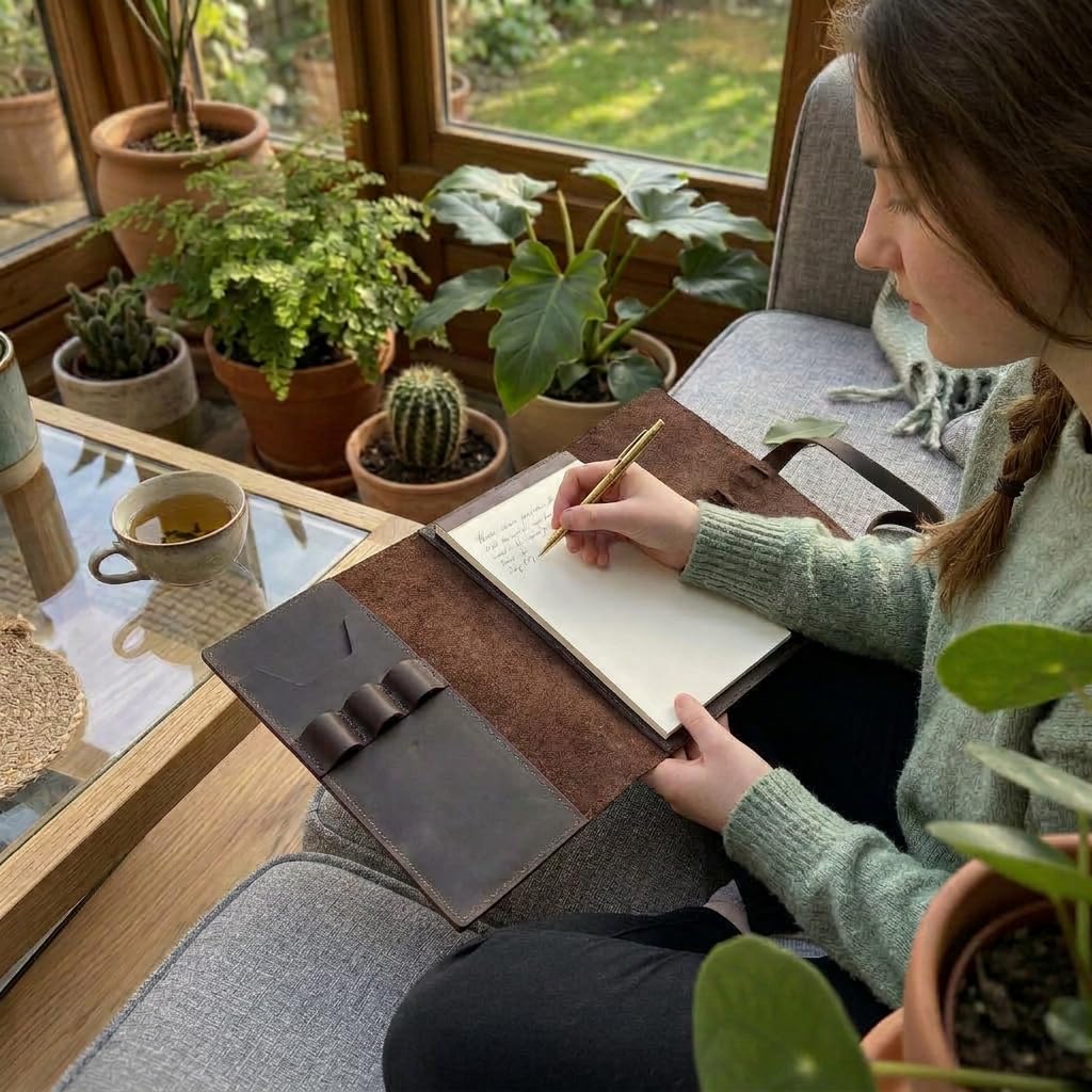 TORAKIP Leather Sketchbook Cover A5 – Refillable Notebook Holder with Pen Loops & Strap Closure, Genuine Leather Journal Cover for Artists & Writers, Fits 5.8" x 8.3" (Paper Not Included), Brown