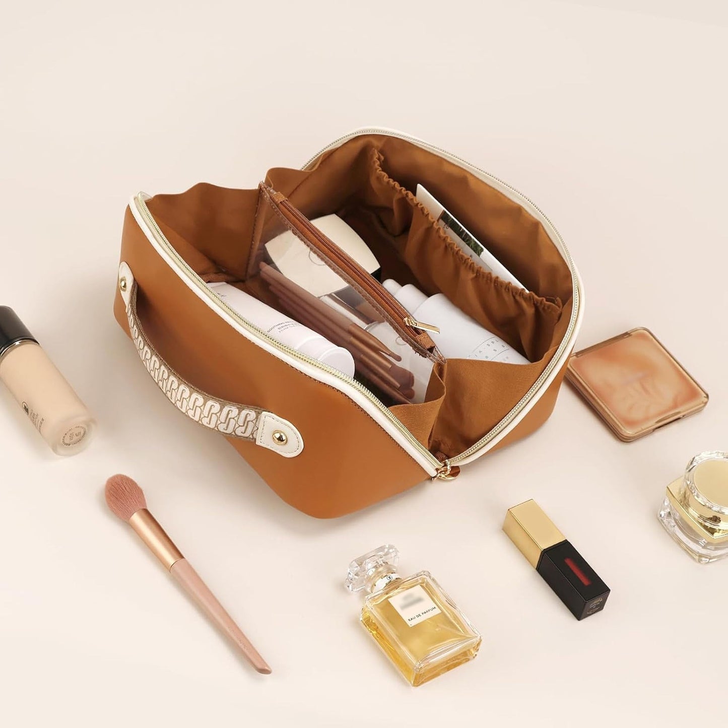 Prite Makeup Bag for Women Travel Waterproof Vegan Leather Cosmetic Bag Open Flat Toiletry Bag With Clear Divider and Handle (New Brown, Medium)