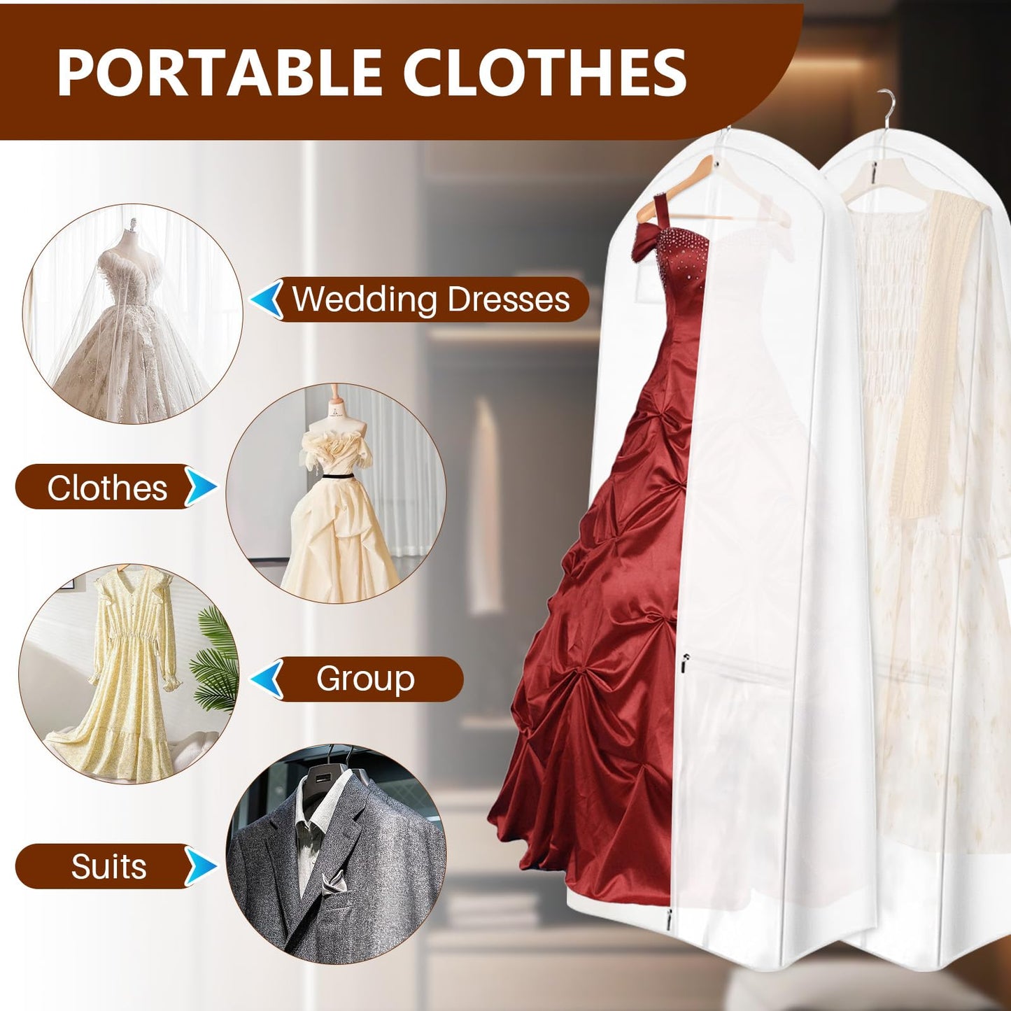 Dress Garment Bags, Long Garment Bags for Travel, 70’’ Wedding Dress Cover with Handle, Foldable Clothing Bag with Pockets and Zippers, White, 180 cm