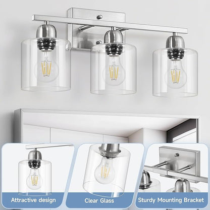 Modern Brushed Nickel 3 Light 19 inch Vanity Lights for Bathroom with Clear Glass, Bathroom Lighting Fixtures Over Mirror for Mirror Kitchen Living Room Hallway Cabinet Porch