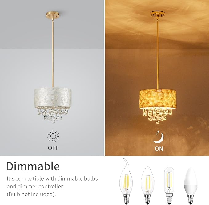 3-Lights Drum Capiz Shell Crystal Chandelier, Coastal Style Pendant Light Fixture for Dining Room, Living Room, D12 x H19~49"(Adjustable), Shell Lampshade & Gold Finish