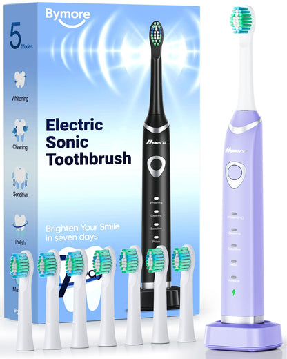 Bymore Electric Toothbrush for Adults,Travel Sonic Toothbrush with 8 Replacement Heads, Ultra Clean Rechargeable Toothbrush Portable One Charge for 330days 5 Modes 2mins Timer-Black