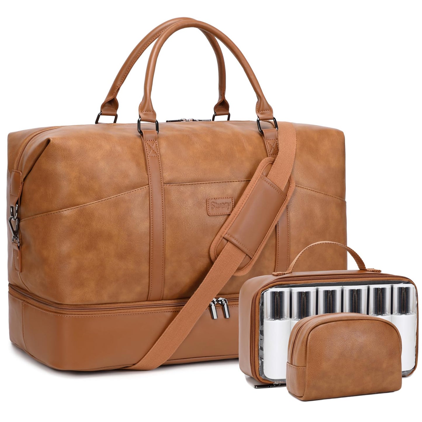 Faux Leather Weekender Bags for Women: Large Overnight Bags Travel Duffel Bag Carry On Shoulder Weekend Tote with Shoe & Laptop Compartment & Toiletry Bags for Airplane Traveling Gym, Brown