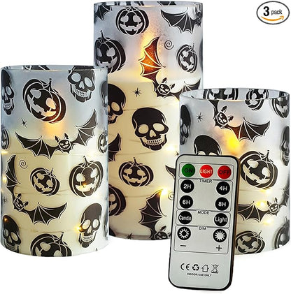 Flickering Flameless Candles Halloween Bat Embedded Star String Lights, Battery Operated Acrylic LED Pillar Candles with 11-Key Remote and Timer for Home Decoration, 3 Pack