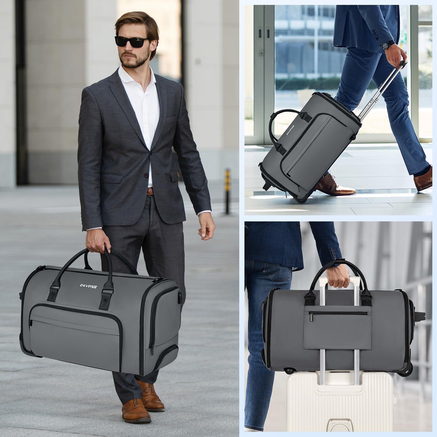 DEVPNR Rolling Garment Bags for Travel, 59L Rolling Duffle Bag with Wheels and Shoe Compartment for Men and Women, 3 in 1 Carry on Convertible Travel Garment Bag with Wheels, Gray