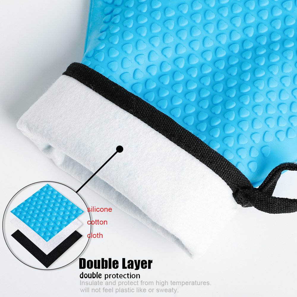 Loveuing Kitchen Oven Gloves - Dual-Layer Heat Resistant Grilling Gloves, Silicone Oven Mitts with 5 Fingers, Waterproof Non-Slip Pot Holder for Barbecue, Cooking, Baking (Blue)