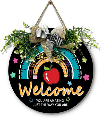 Classroom Teacher Door Sign Wooden Welcome Classroom Door Sign Teacher Wreath for Classroom Door Rainbow Hanging Plaque Inspirational You are Amazing Quote Kids Classroom Decor 12 inch