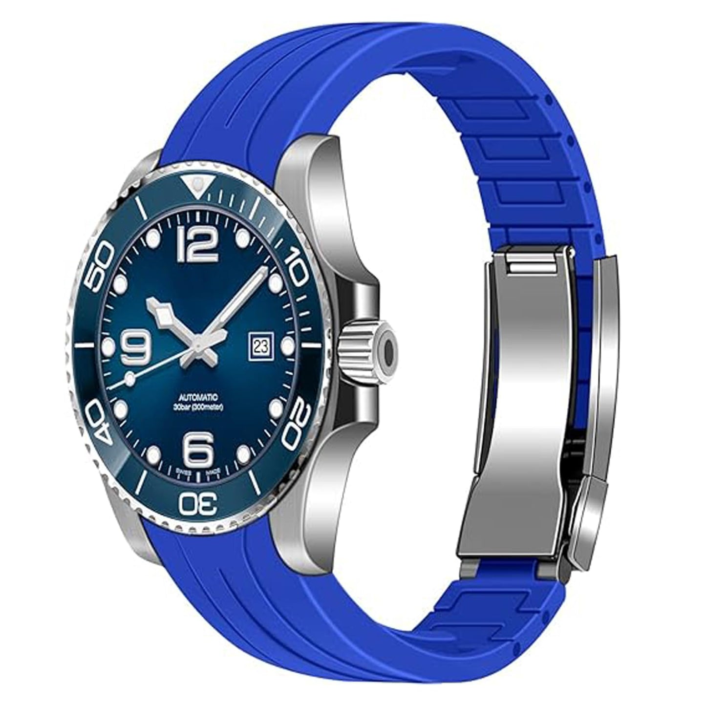 YISIWERA 22mm Curved Ends Watch Band Silicone, Tapered Rubber Watch Bands Strap for Men Women with Polised Double Lock Diving Buckle Blue