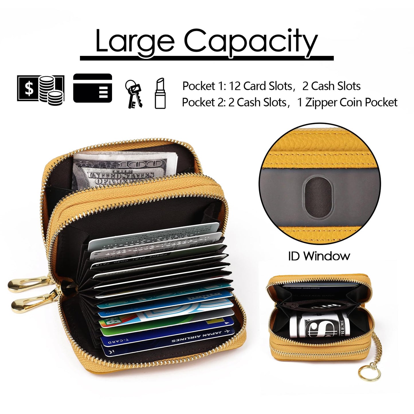 imeetu RFID Credit Card Wallet, Genuine Leather Zipper Card Case Holder with Removable Keychain(Max - Yellow)
