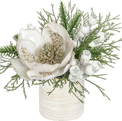 9 inch White Christmas Table Centerpiece 5" Glitter Magnolia Flower and White Berries Fir Greenery Artificial Christmas Floral Centerpiece Tabletop Christmas Table Arrangement Decor