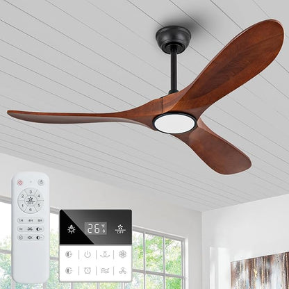 52 Inch Solid Wood Ceiling Fans with Lights 3CCT Dimmable Outdoor Ceiling Fan with Light and Remote Modern 3 Blades Propeller Ceiling Fans DC Motor for Patios Indoor Bedroom, Dark Walnut