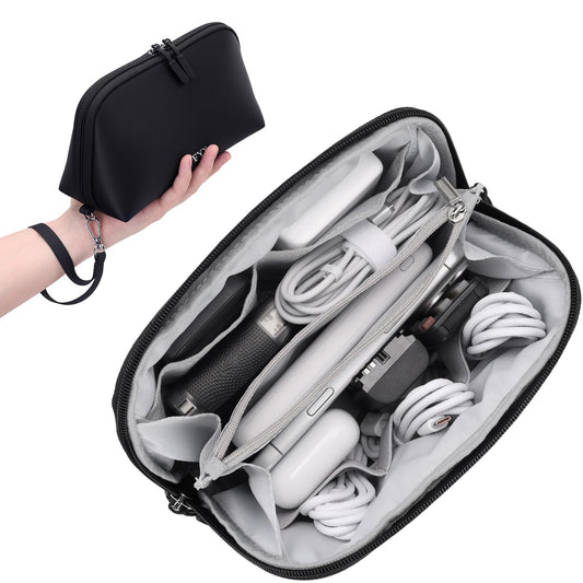 FYY Travel Cable Organizer - 8 Compartments Lightweight Water Resistant Tech Pouch with Wrist Strap Portable Electronic Accessories Case for Cord Charger Storage for Travel Home Office Black (Medium)